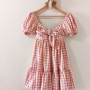 Mable Strawberry Milk Pink Gingham Plaid Puff Sleeve Tie Front Ruffle Mini Dress